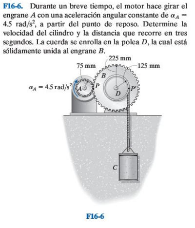 F16-6. Durante un breve tiempo, el motor hace girar el engrane \( A \) con una aceleración angular constante de \( \alpha_{A}