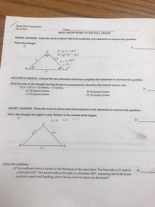 Solved Math 2412 Precalculus Ch. 6 Test Name MUST SHOW WORK | Chegg.com