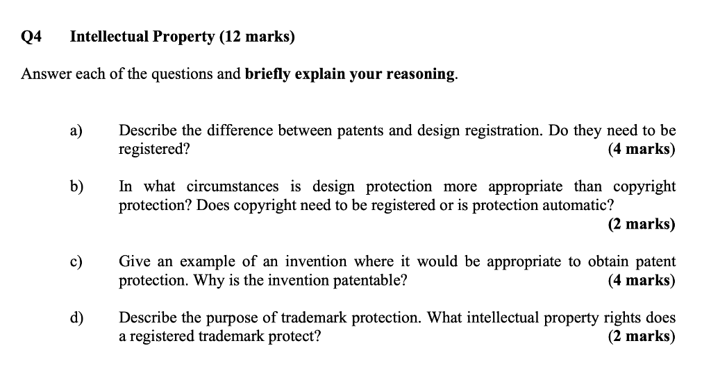 Solved Q4 Intellectual Property (12 marks) Answer each of