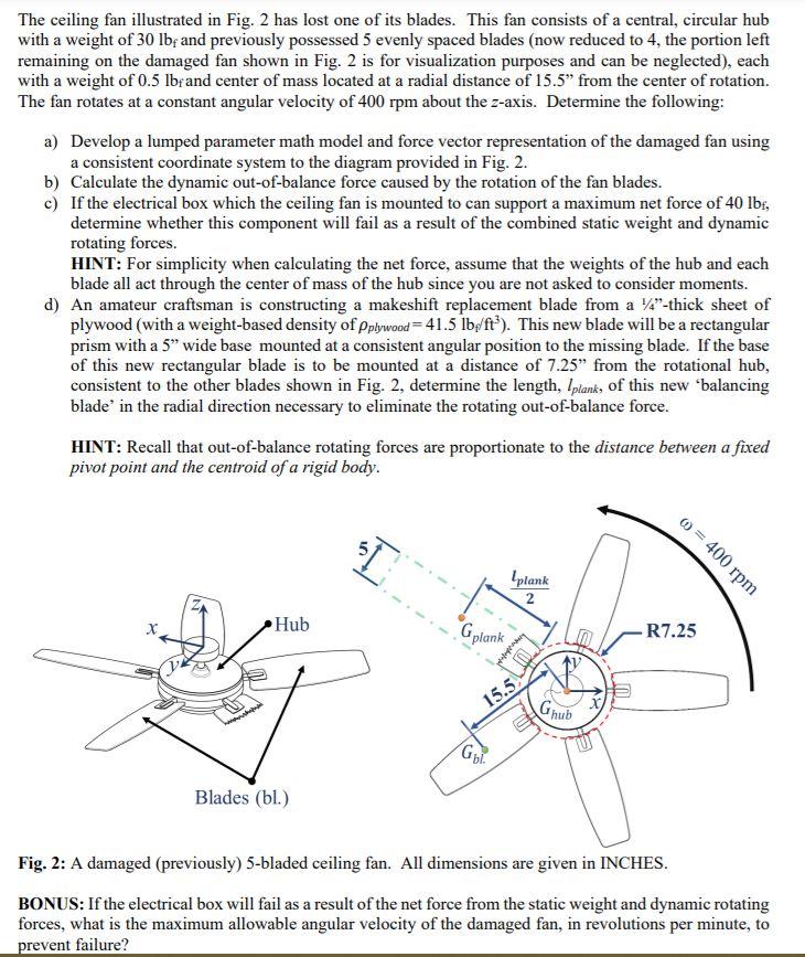 Solved The ceiling fan illustrated in Fig. 2 has lost one of