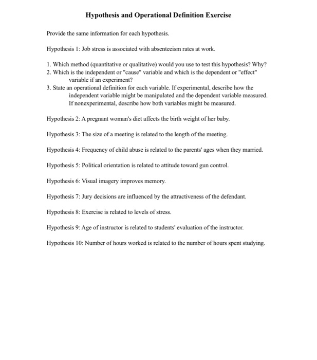 Solved Hypothesis and Operational Definition Exercise | Chegg.com