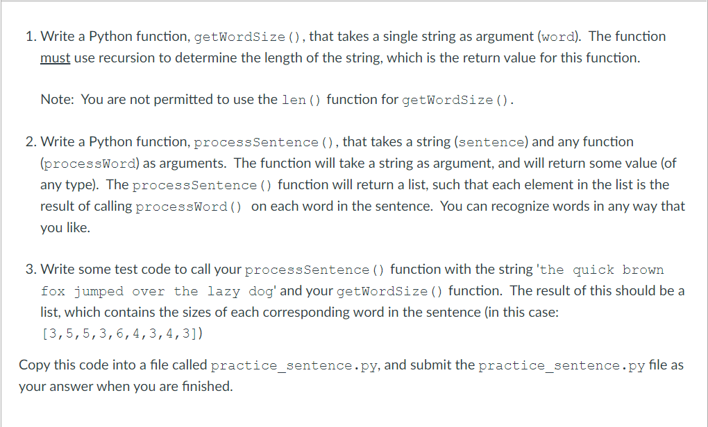 Solved 1. Write a Python function, getWordSize (), that | Chegg.com