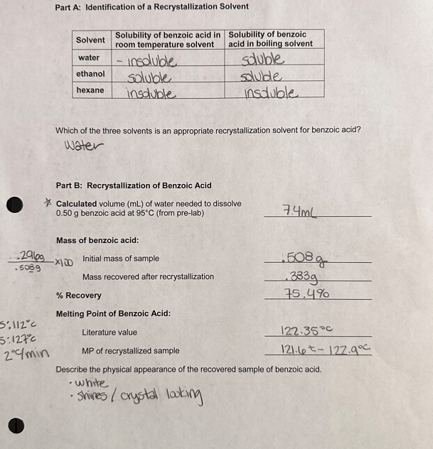 Part A: Identification Of A Recrystallization Solvent | Chegg.com