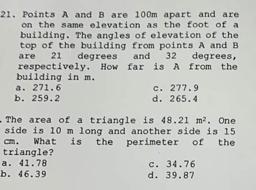 Solved 21. Points A and B are 100 m apart and are on the | Chegg.com