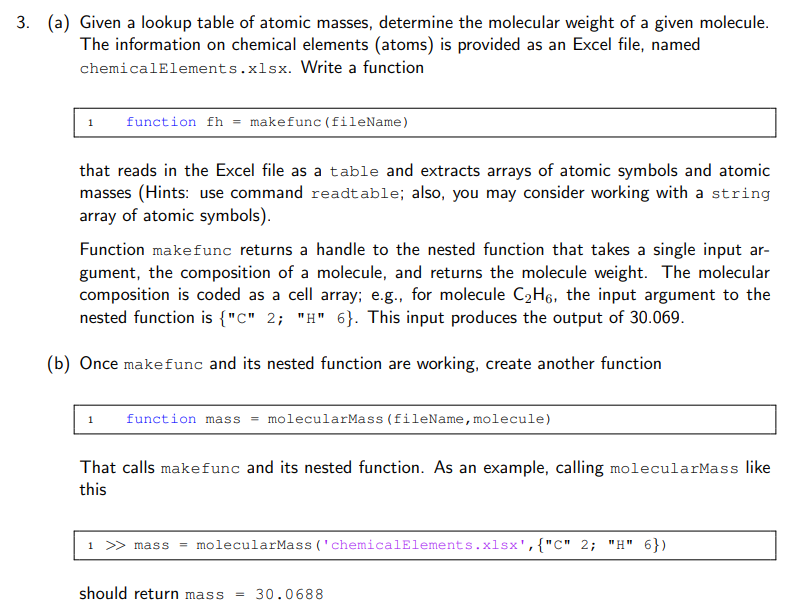 MATLAB 3. (a) Given a lookup table of atomic masses, | Chegg.com