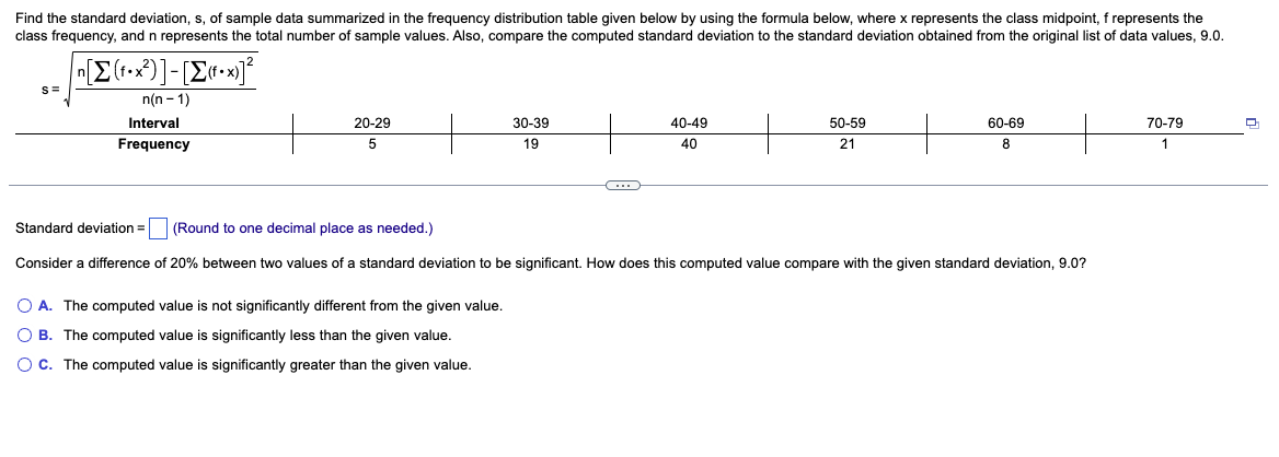 Solved Find the standard deviation, s, of sample data | Chegg.com