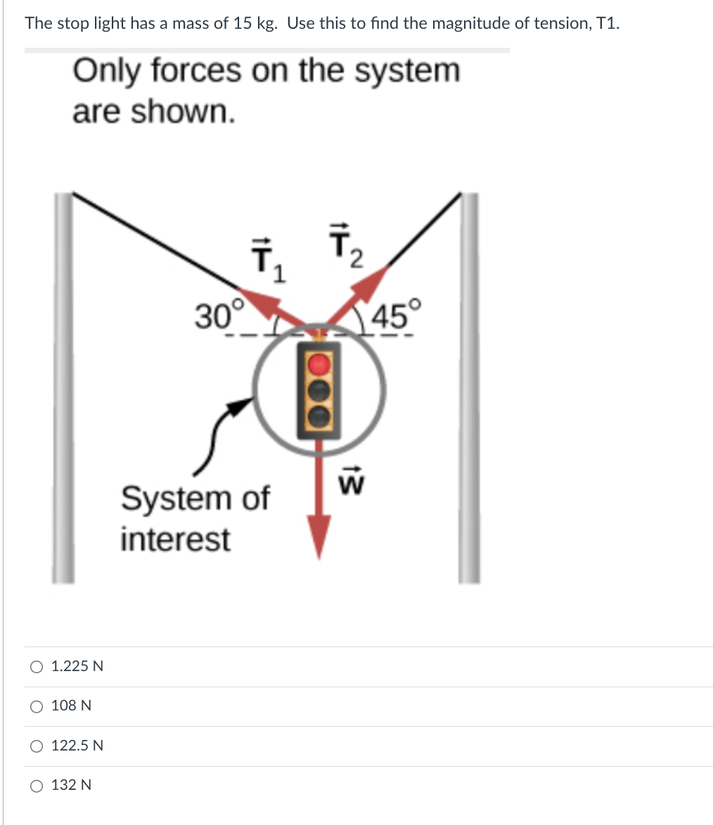 Solved The stop light has a mass of 15 kg. Use this to find | Chegg.com