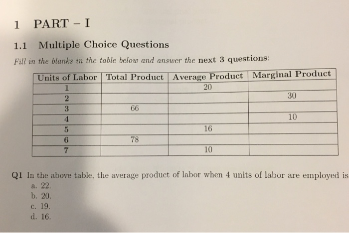Solved 1 PART I 1.1 Multiple Choice Questions Fill in the | Chegg.com