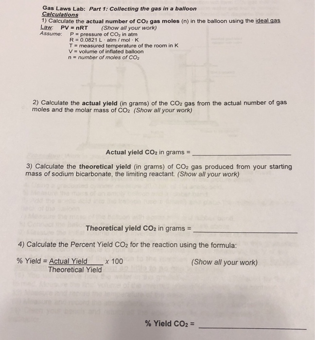 Solved Gas Laws Lab Part 1 Collecting the gas in a balloon