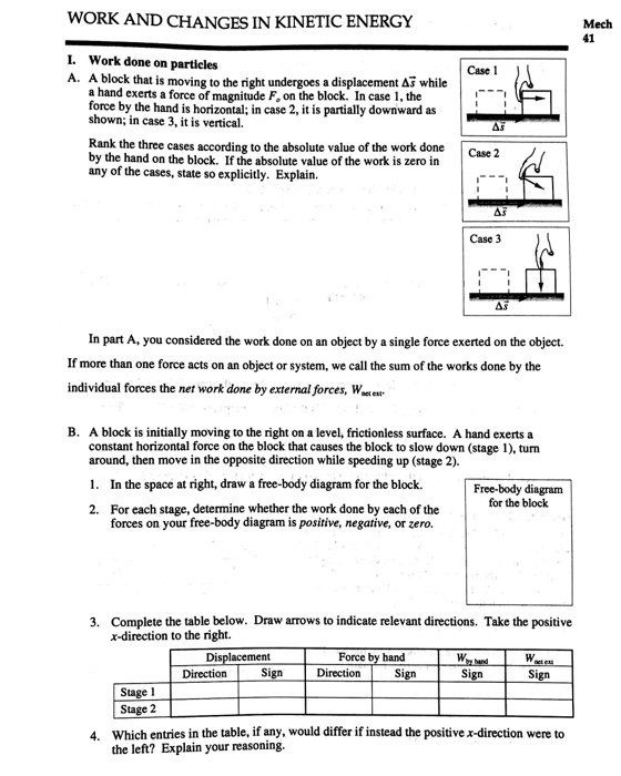 Solved WORK AND CHANGES IN KINETIC ENERGY Mech 41 I. Work | Chegg.com