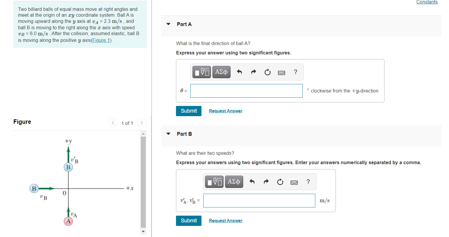 Solved Constants Two billiard balls of equal mass move at