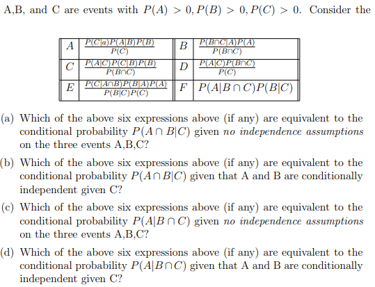 Solved A B and C are events with P A 0 P B 0 P C 0. Chegg