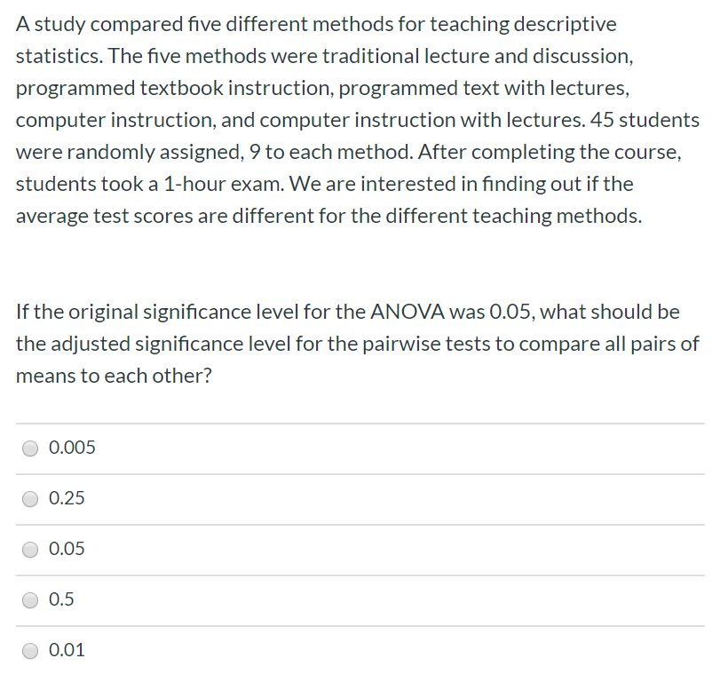 Solved A Study Compared Five Different Methods For Teaching | Chegg.com