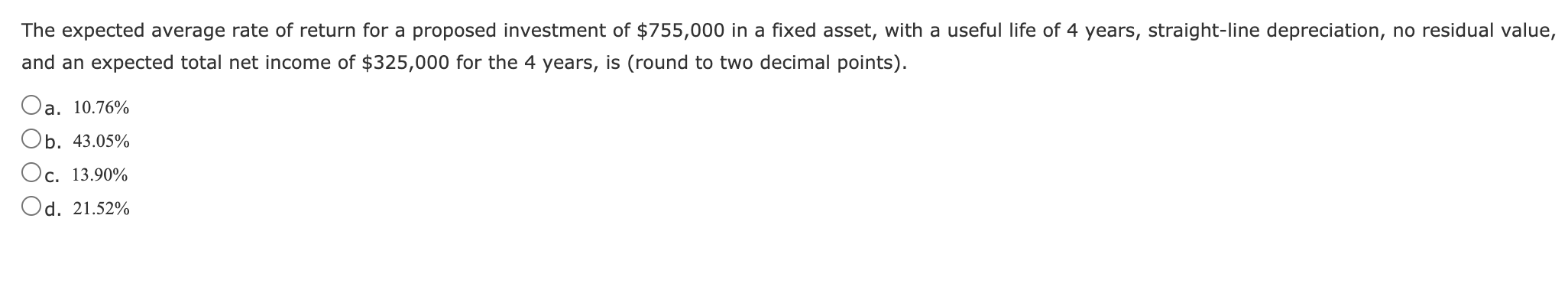 Solved The expected average rate of return for a proposed | Chegg.com