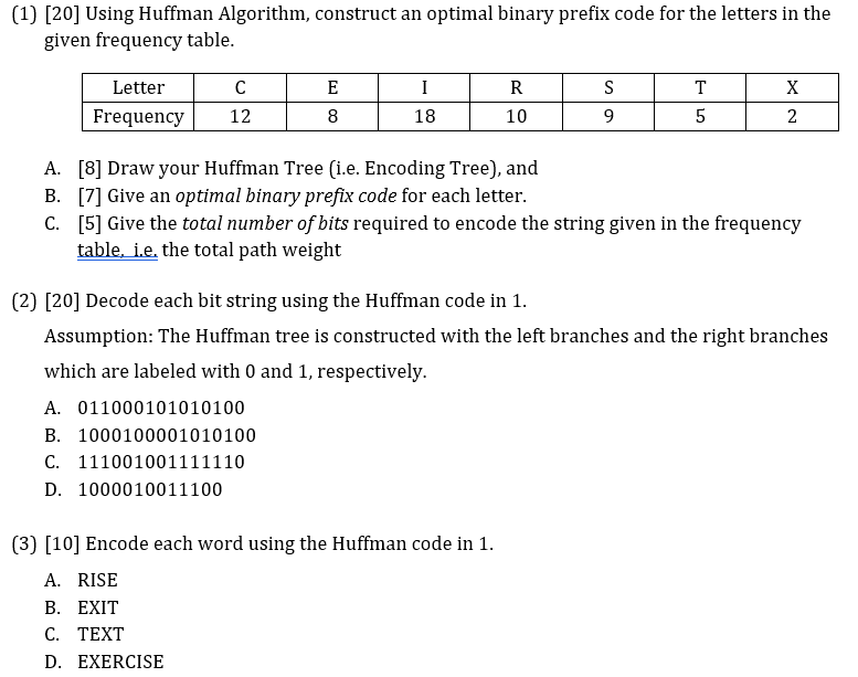 Solved 1 20 Using Huffman Algorithm Construct An Opt