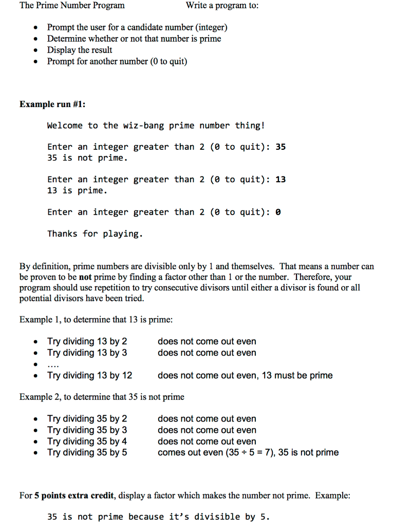 Solved The Prime Number Program Write a program to Prompt | Chegg.com