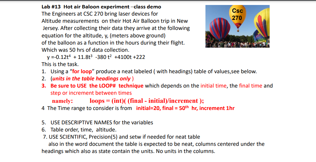 Solved Lab #13 Hot air Baloon experiment -class demo Csc The | Chegg.com