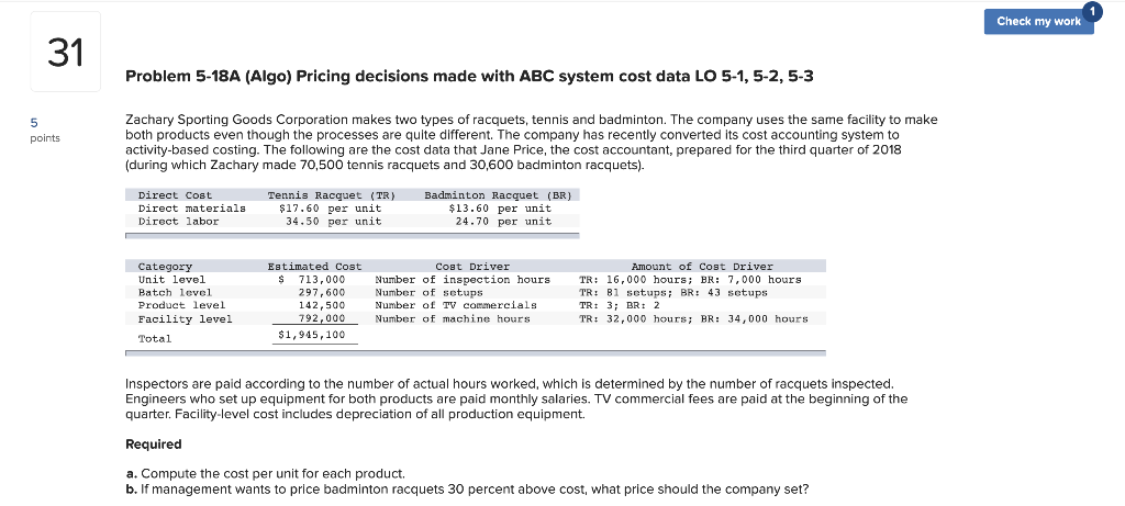 Solved Problem 5-18A (Algo) Pricing decisions made with ABC | Chegg.com
