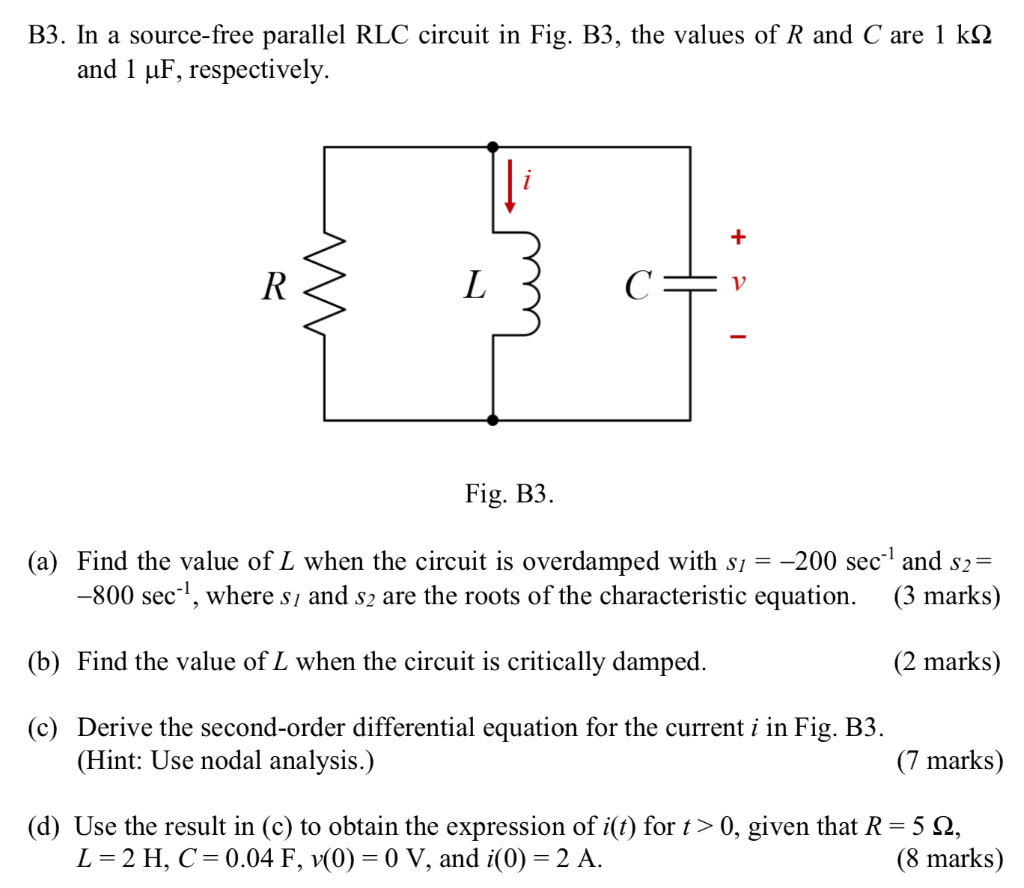 Solved In A Source Free Parallel Rlc Circuit In Fig Chegg Com