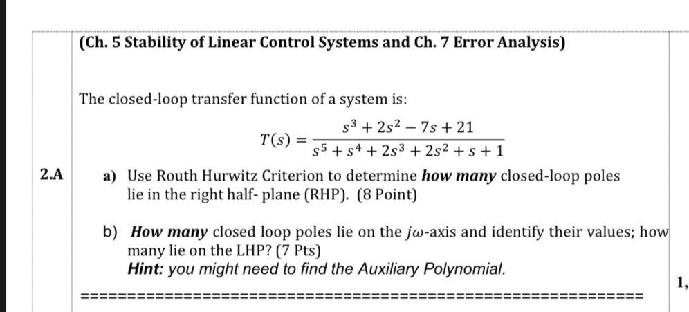 Solved (Ch. 5 Stability of Linear Control Systems and Ch. 7 | Chegg.com