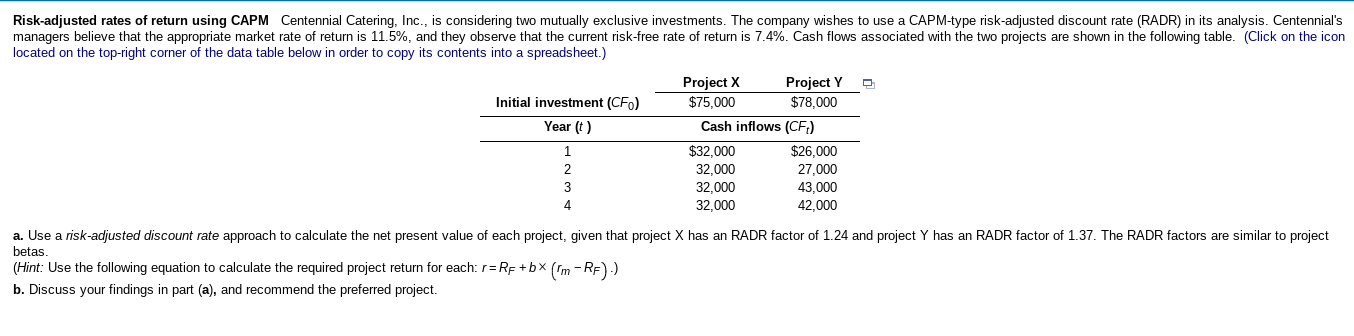 Solved Risk-adjusted rates of return using CAPM Centennial | Chegg.com