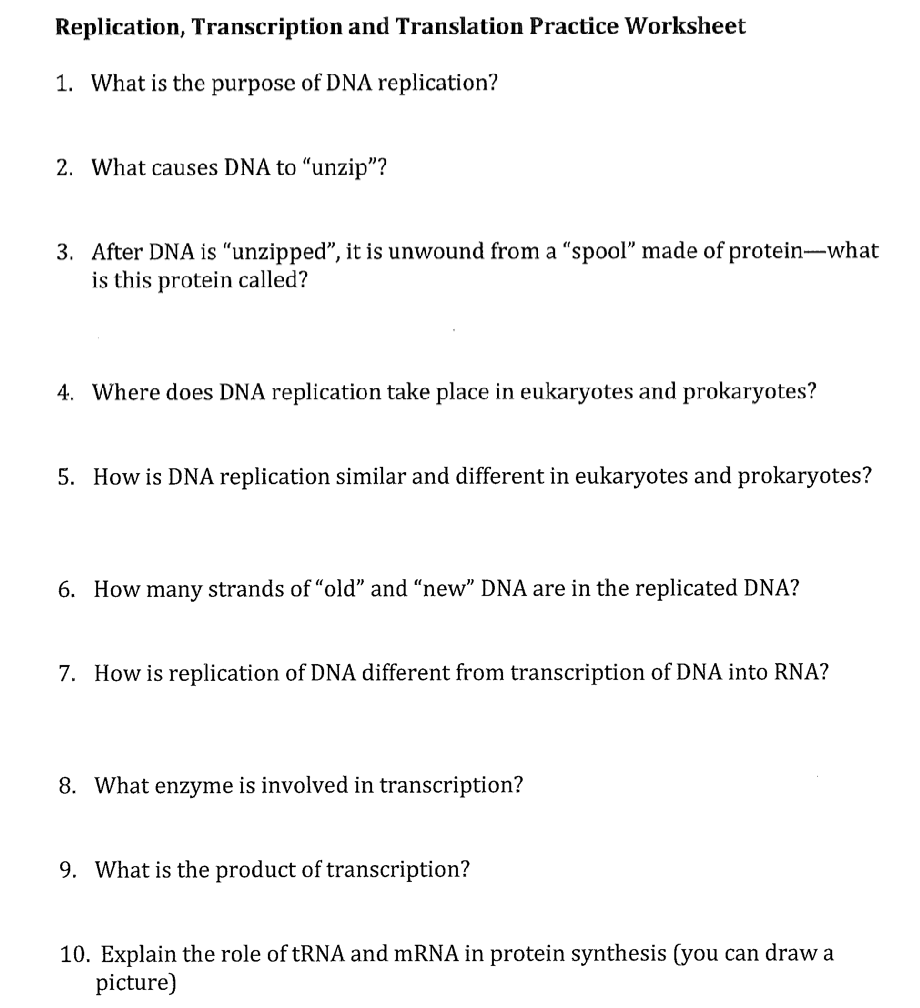 Replication, Transcription and Translation Practice  Chegg.com Regarding Transcription And Translation Practice Worksheet