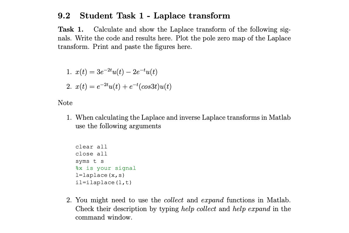 Solved 9 1 laplace transform matlab uses the laplace and chegg