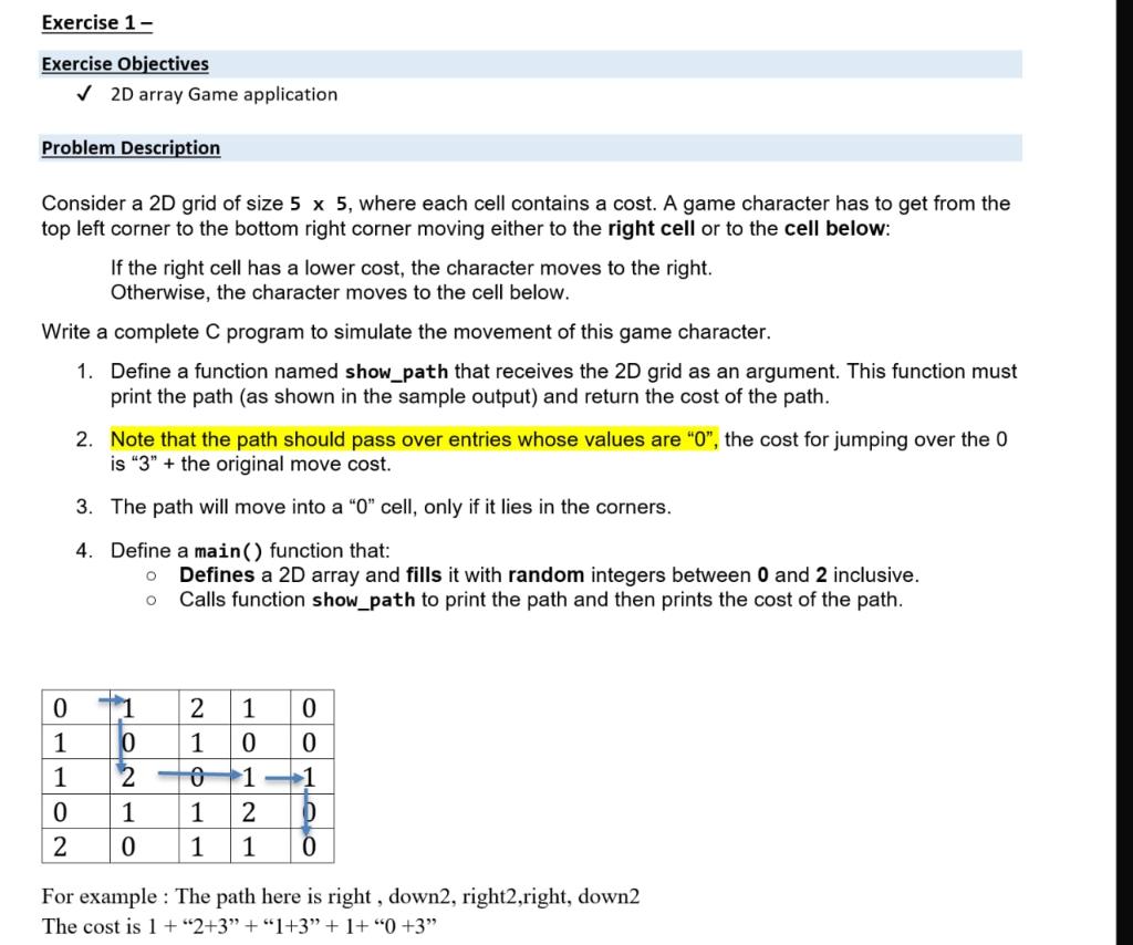 Solved Exercise 1- Exercise Objectives ✓ 2D array Game | Chegg.com