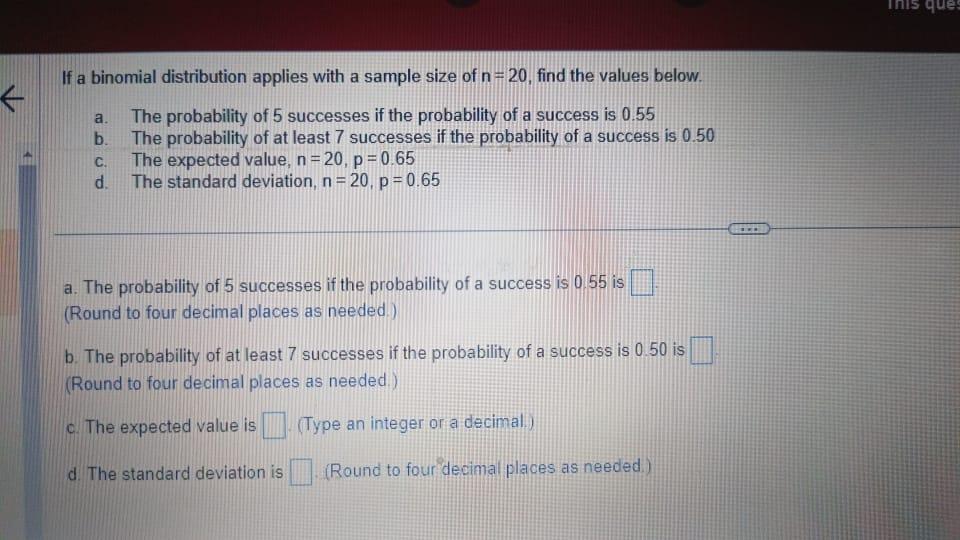 Solved If a binomial distribution applies with a sample size | Chegg.com