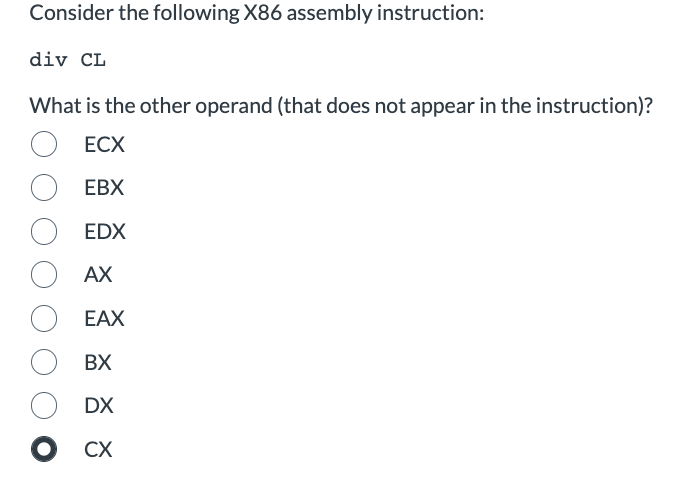 Solved Consider the following X86 assembly Instruction: div | Chegg.com