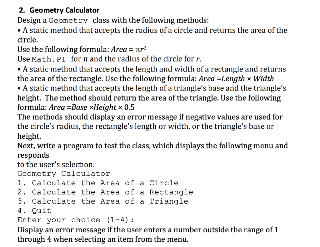 Solved 2. Geometry Calculator Design A Geometry Class With | Chegg.com