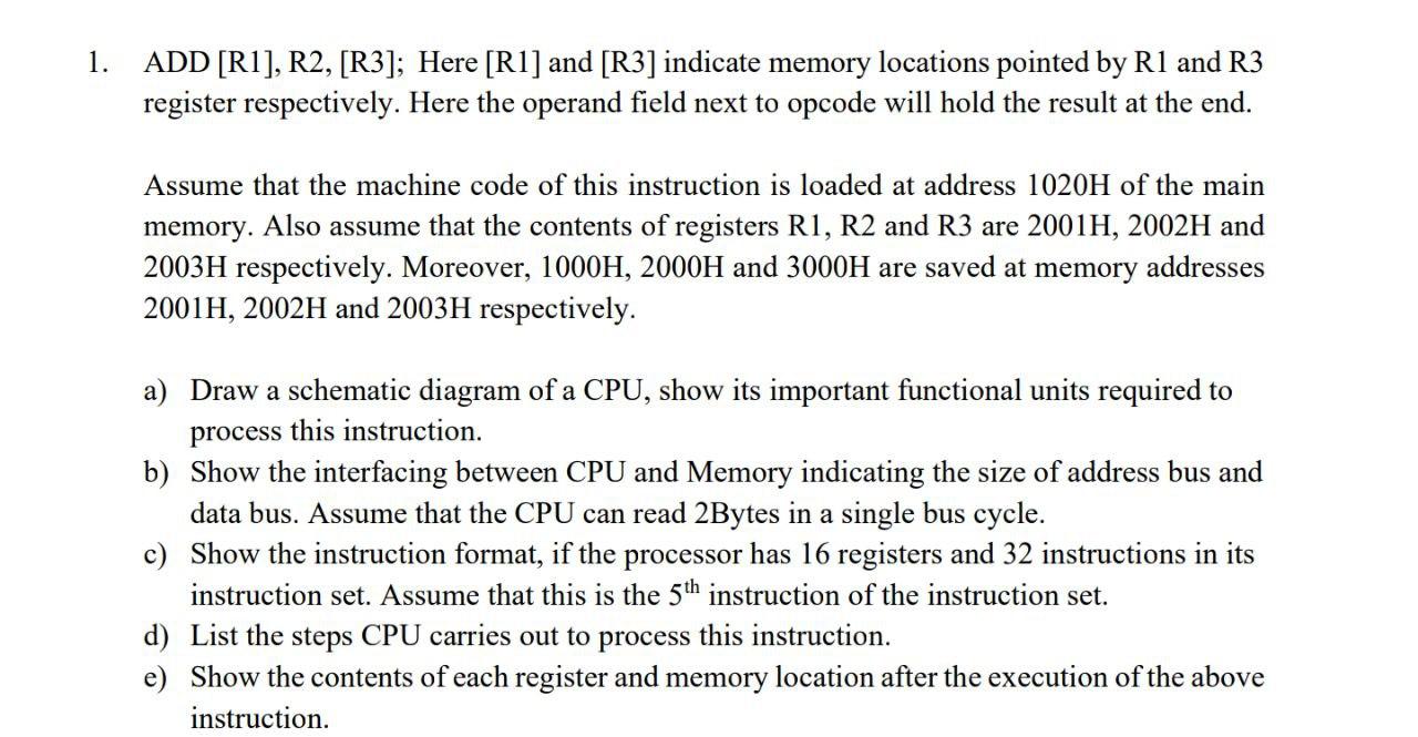 1. ADD [R1], R2, [R3]; Here [R1] and [R3] indicate | Chegg.com