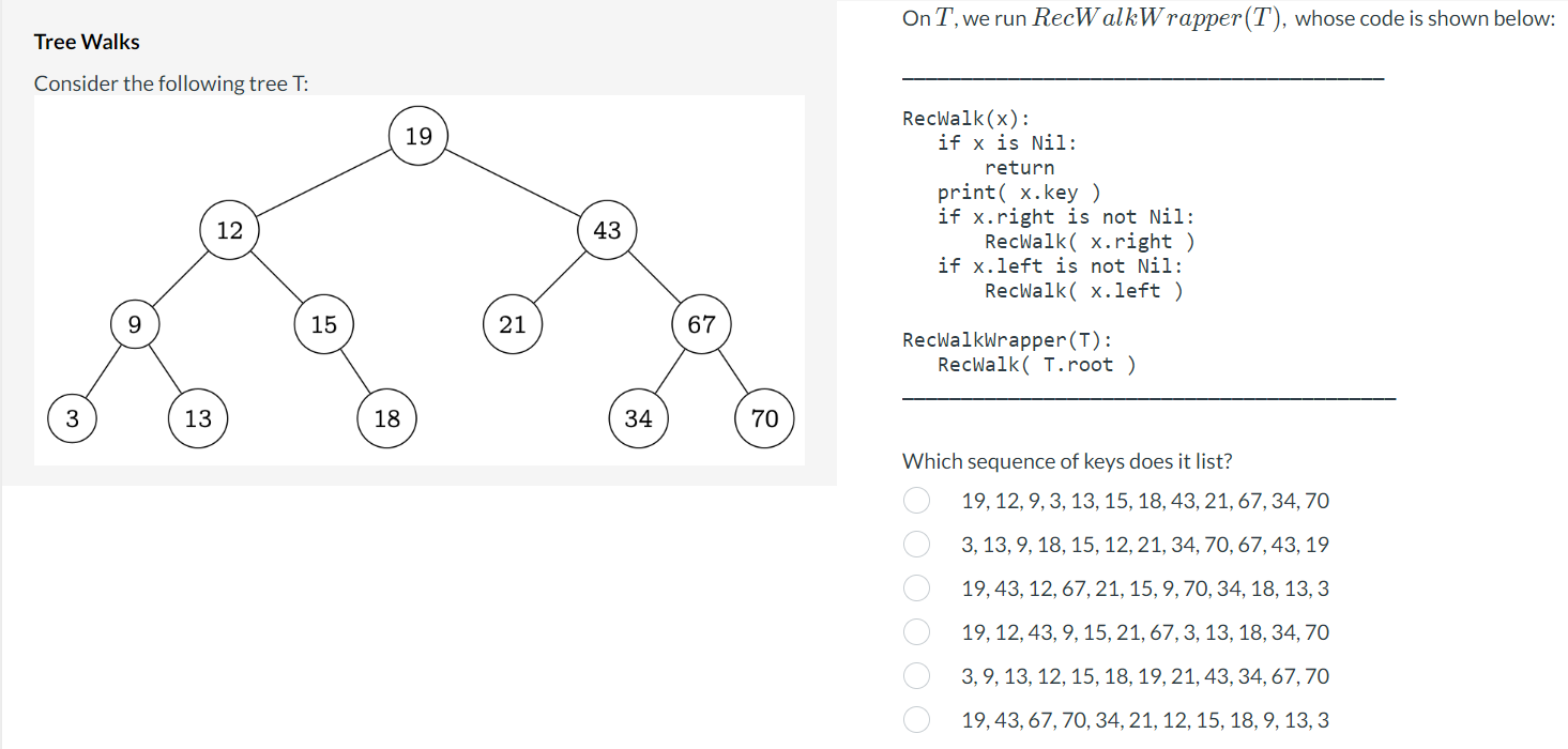 Solved On T, we run RecW alkWrapper (T), whose code is shown | Chegg.com