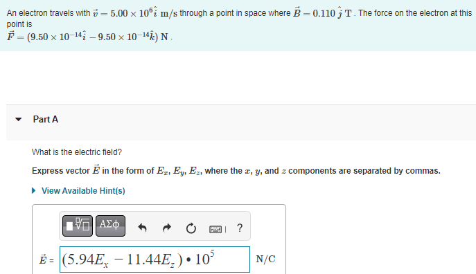 Solved An electron travels with v⃗ =5.00×106i^m/s through a | Chegg.com