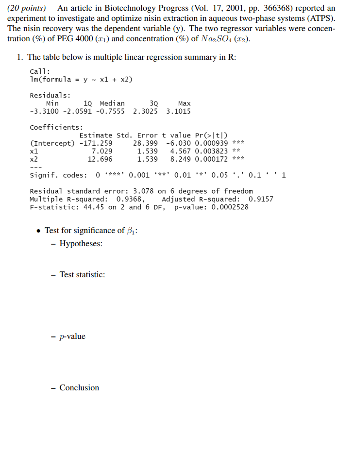 Solved (20 points) An article in Biotechnology Progress