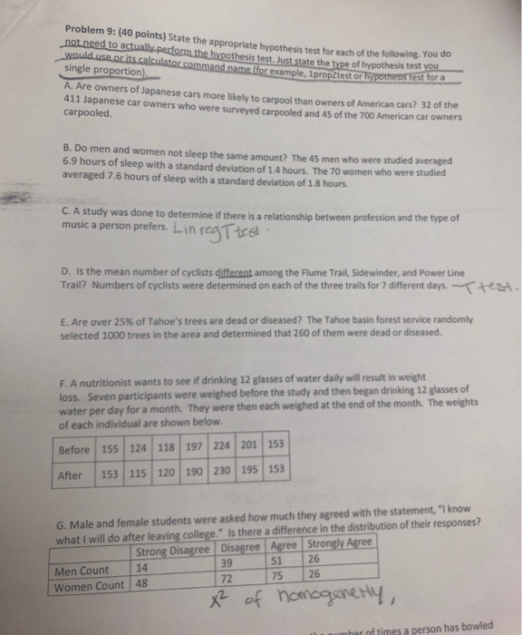 Solved Problem 9: (40 points) State the appropriate | Chegg.com