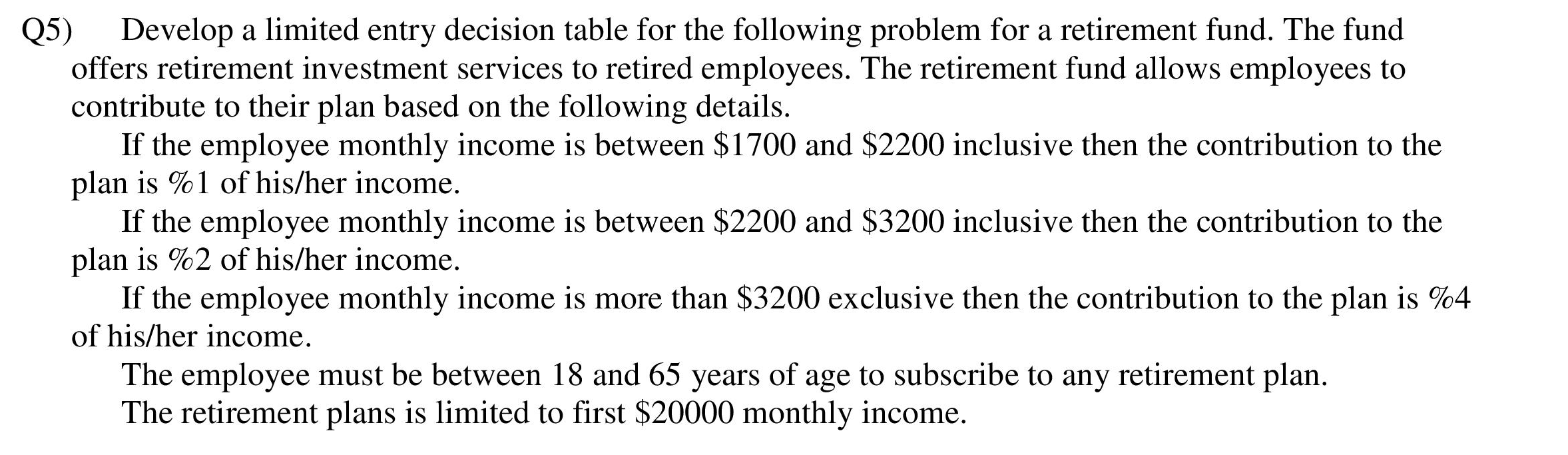 Q5) Develop a limited entry decision table for the