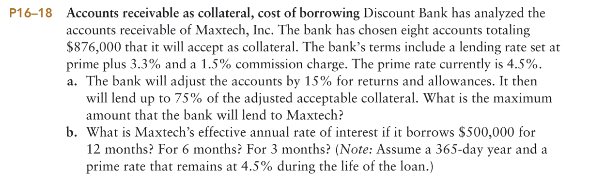 Solved −18 Accounts receivable as collateral, cost of | Chegg.com
