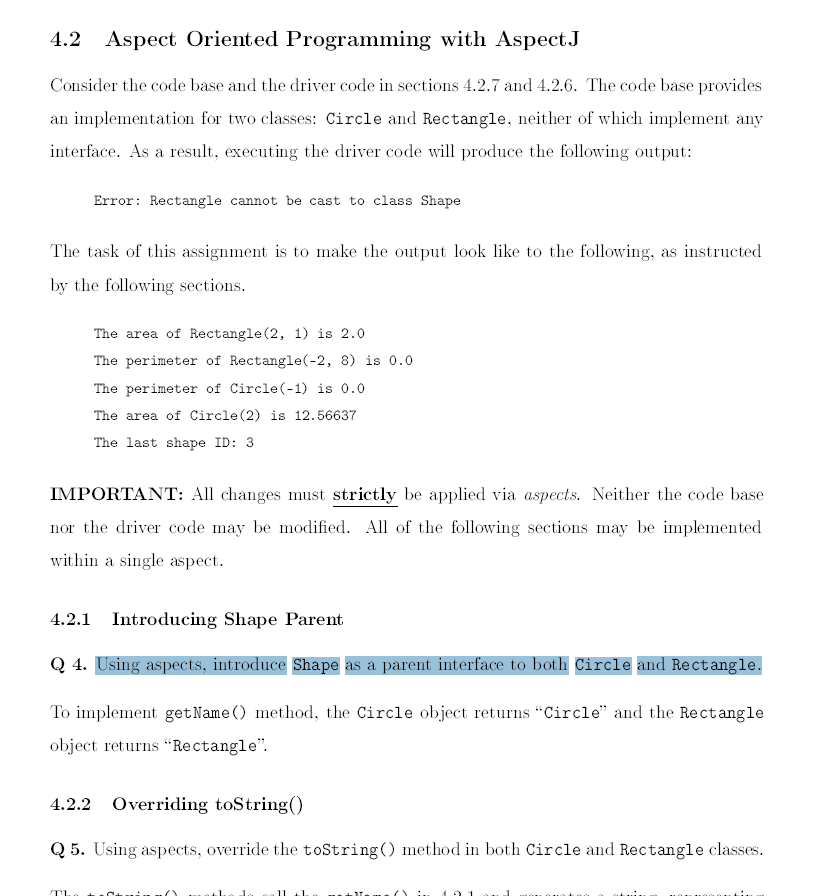 Solved Please Answer Question Using AspectJ, All Changes | Chegg.com