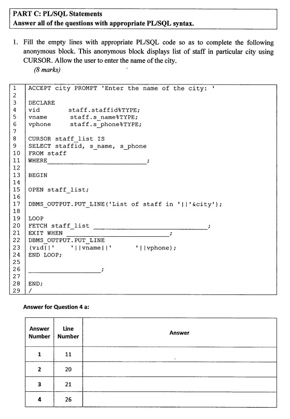 Solved 1. Fill the empty lines with appropriate PL/SQL code | Chegg.com