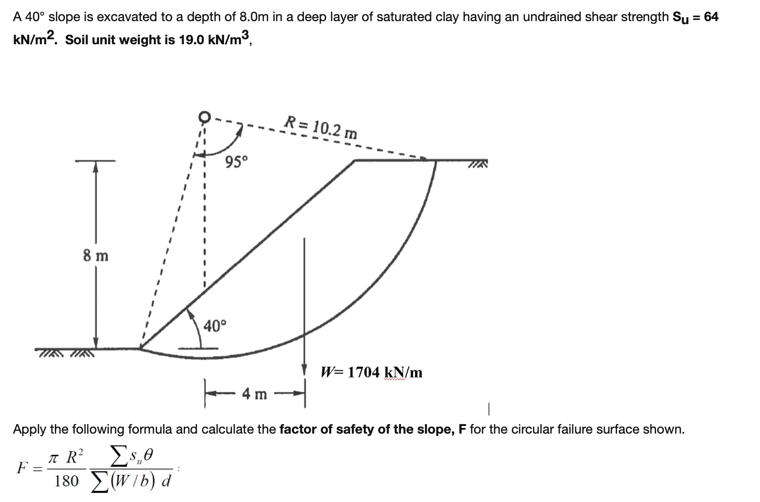 Solved A 40° slope is excavated to a depth of 8.Om in a deep | Chegg.com