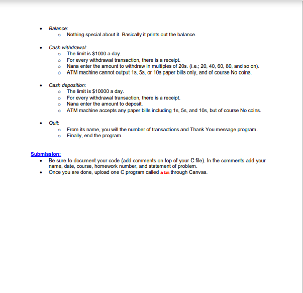 Solved Mission: Write a C Program for an ATM machine by | Chegg.com