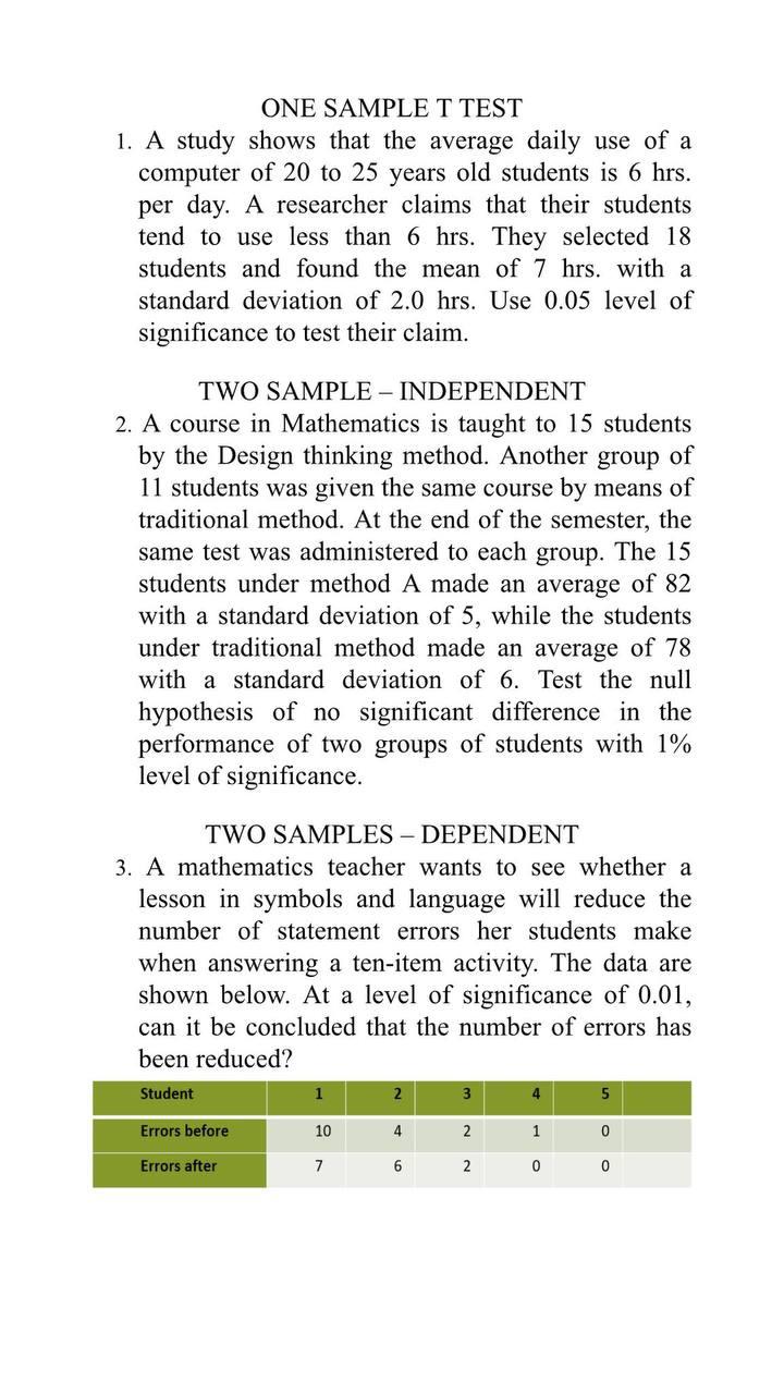 Solved ONE SAMPLE T TEST 1. A study shows that the average | Chegg.com
