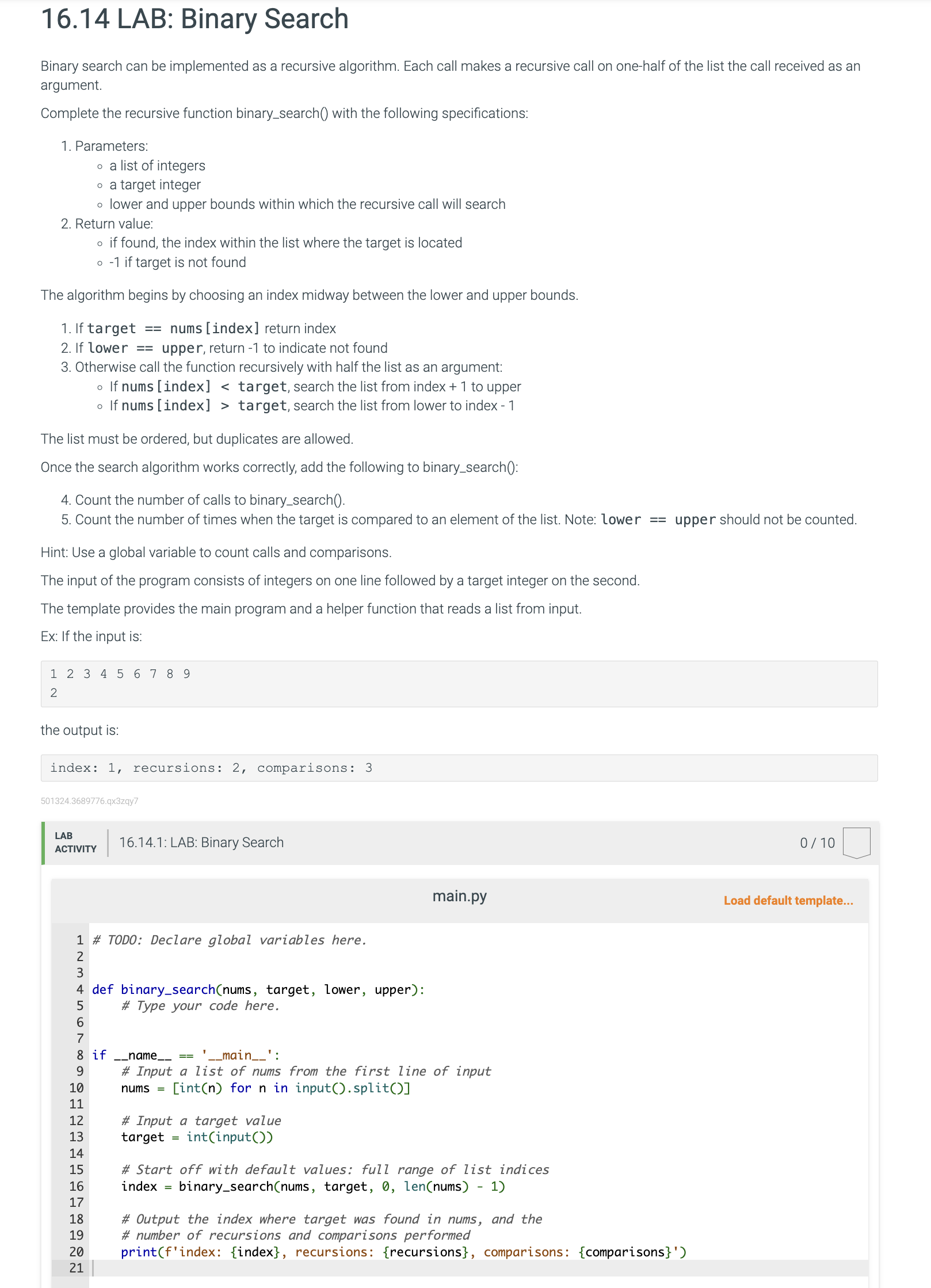 Solved 16.14 LAB: Binary Search Binary search can be | Chegg.com