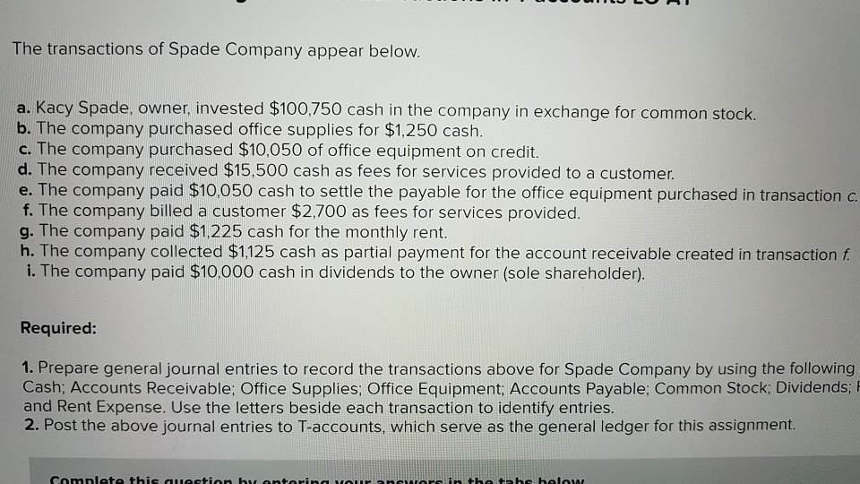 Solved The transactions of Spade Company appear below. a.
