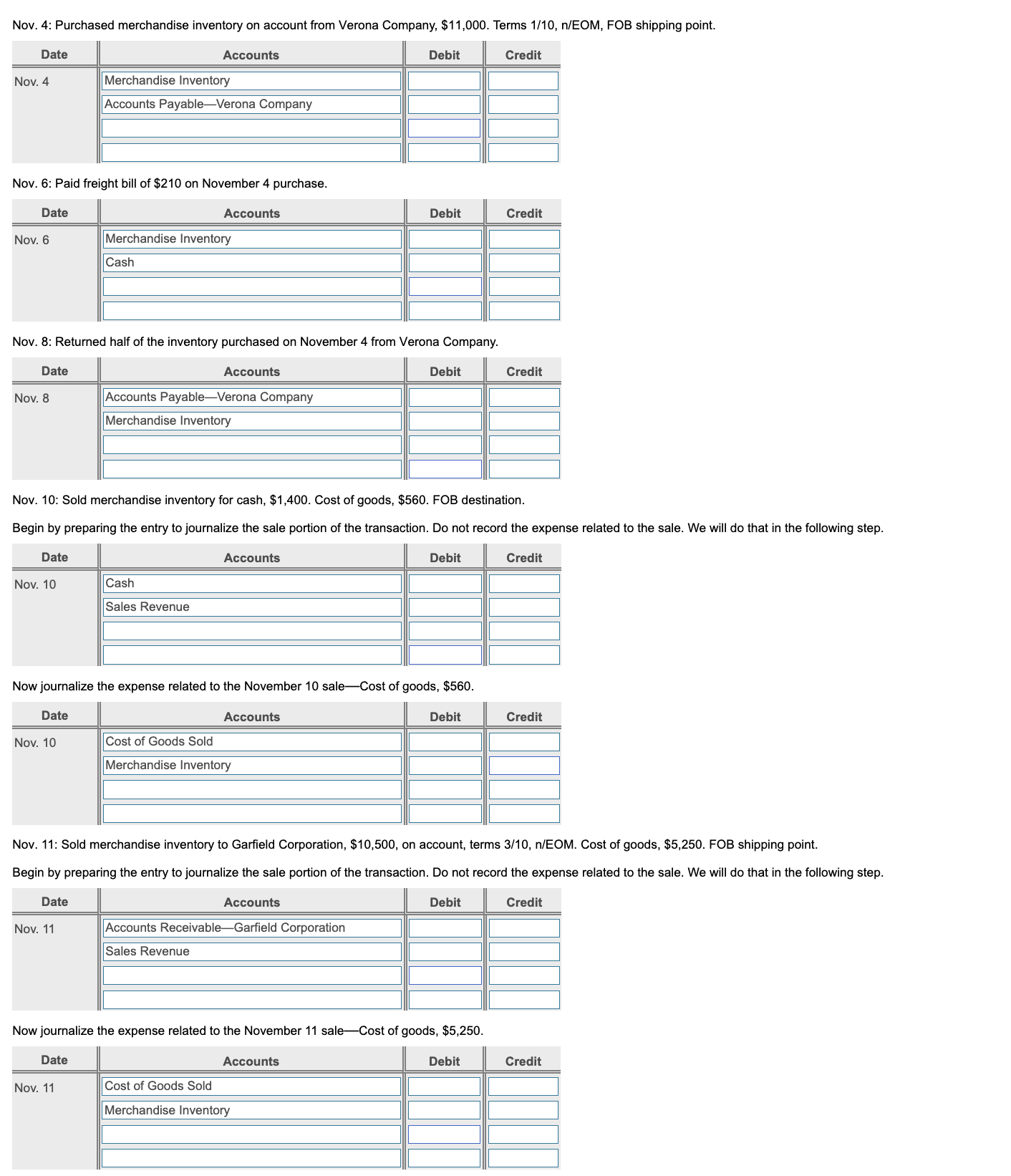 Solved Nov. 4 Purchased merchandise inventory on account