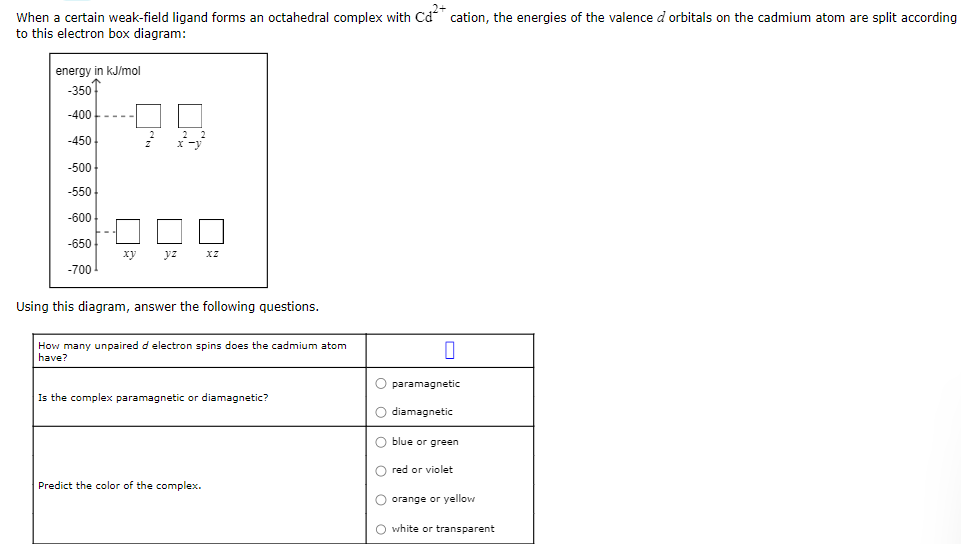 When a certain weak-field ligand forms an octahedral complex with \( \mathrm{Cd}^{2+} \) cation, the energies of the valence 