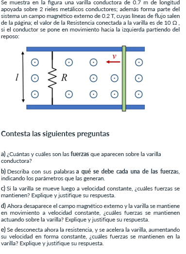 Se muestra en la figura una varilla conductora de \( 0.7 \mathrm{~m} \) de longitud apoyada sobre 2 rieles metálicos conducto