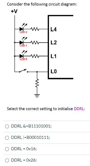 Solved Consider the following circuit diagram: +V L4 LED 2 | Chegg.com