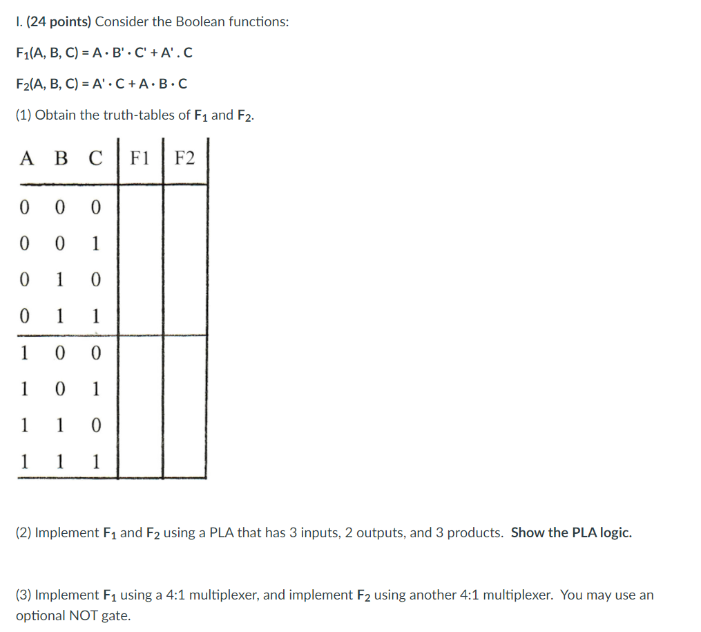 Solved 1. (24 points) Consider the Boolean functions: F1(A, | Chegg.com